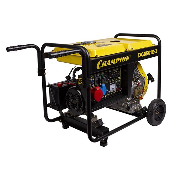 Генератор дизельный 6,2/6,8 кВт., 8,9 л.с.,бак 12,5 л., 1,7 л/ч, 12V., эл.старт,колеса, счетчик CHAMPION DG6501E-3