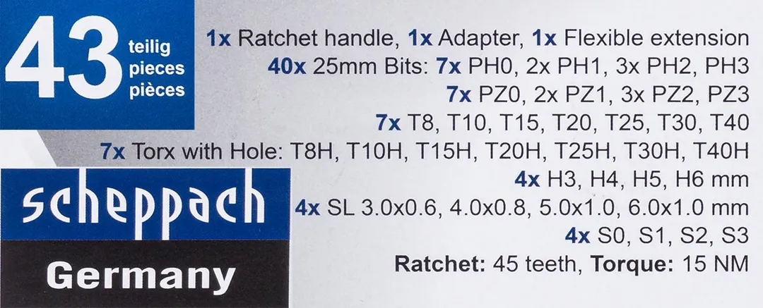 Набор бит 1/4" PH, PZ, SL, Torx, Torx TR, Hex, Square Head, с рукояткой и гибким удлинителем 43 пр Scheppach Sch-30311126
