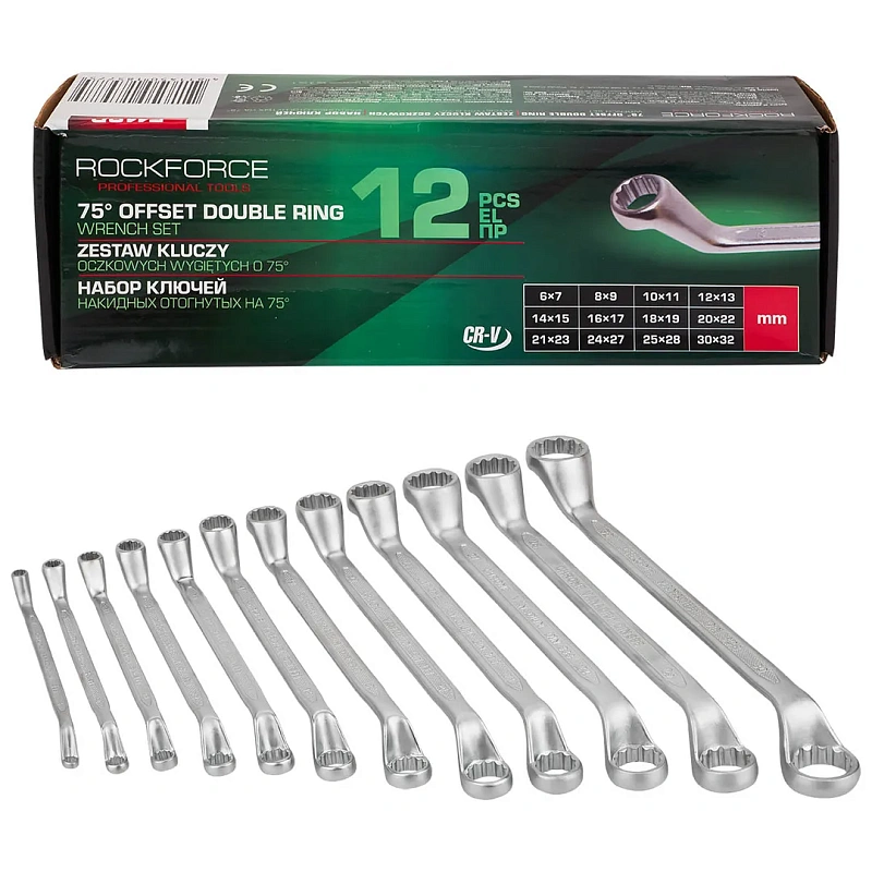 Набор ключей накидных, отогнутых на 75 град 12 пр 6х7-30х32 мм RockForce RF-5118P