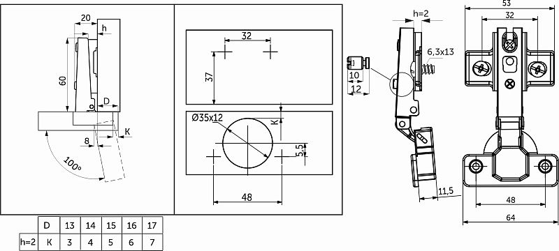 Петля накладная с пружиной 48мм h2 slide-on 55г, еврошурупы, AKS 109834