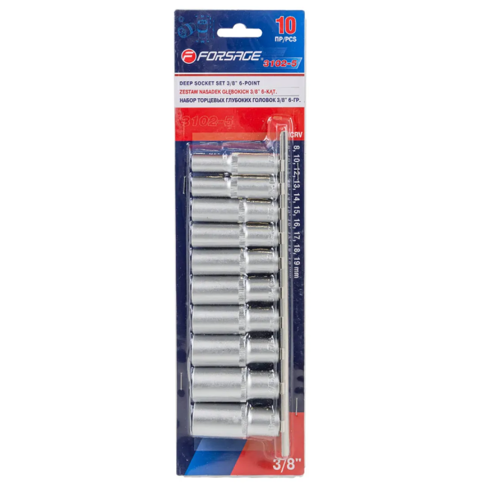 Набор головок глубоких 8, 10, 12-19 мм 3/8'' 6-гр 10 пр Forsage F-3102-5