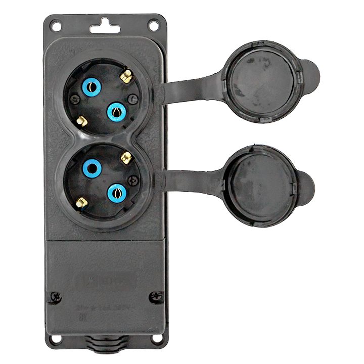 Роз, (колодка) двухмест, с защит, крышками каучуковая 230В 2P+PE 16A IP44 EKF PRO RPS-018-16-230-44-r