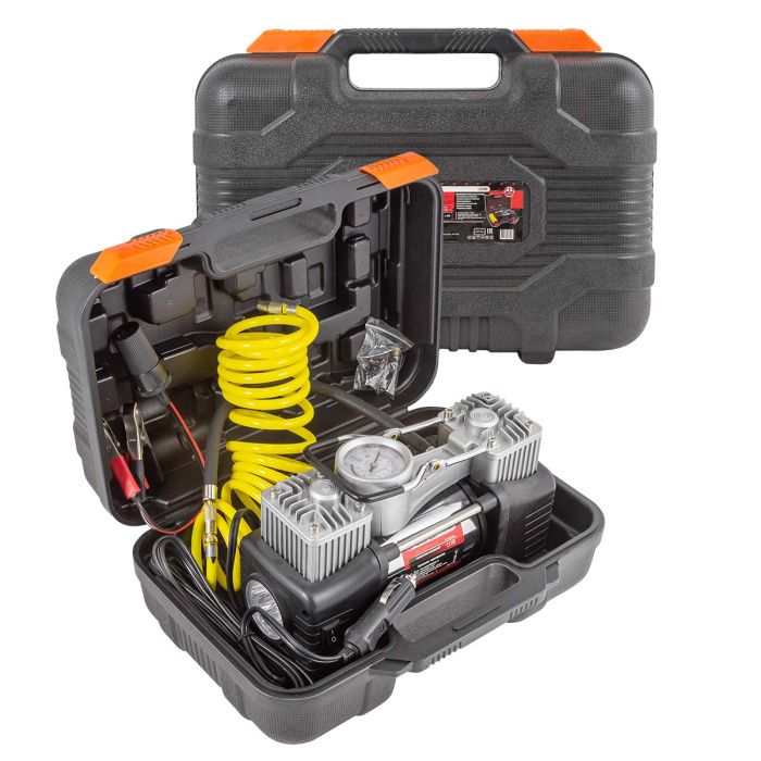 Компрессор поршневой автомобильный двухцилиндровый с фонарем в пластиковом кейсе 65 л/мин, 23А 12V Forsage F-2014360