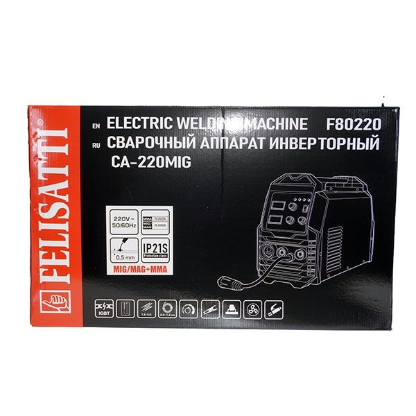 Сварочный аппарат инверторный, 20-220А,потр. 55,7 А /6100 Вт, ММА 20,8-27,2 В, 0,8-1,2 мм Felisatti СА-220MIG Felisatti(822.5.1.00)