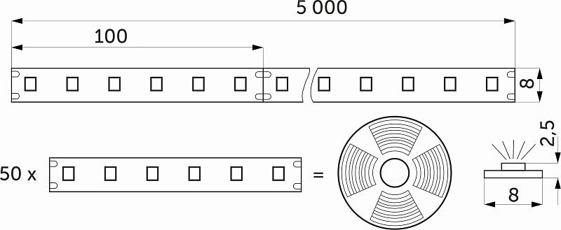 Лента светодиодная влагостойкая 4,8W/m, 24V, 8мм, 2835, 60 д/м, IP65, тепл. бел, 3000К, 5м, AKS 115330