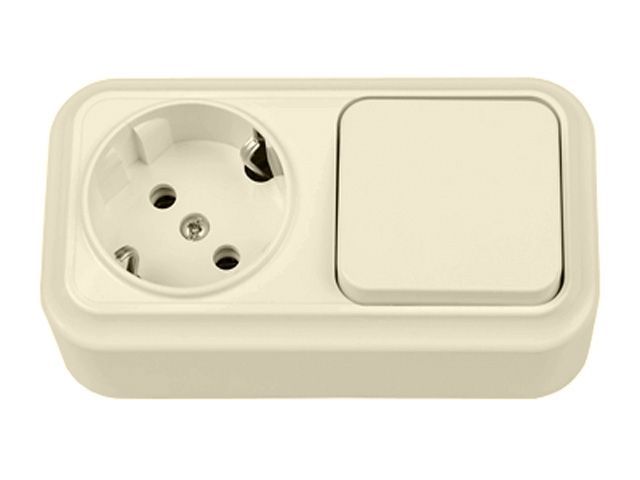 Блок выкл. 1 клав. + розетка (открытая, с/з) бежеваяя, Вариант, Bylectrica В-РЦ-7112 бежевый