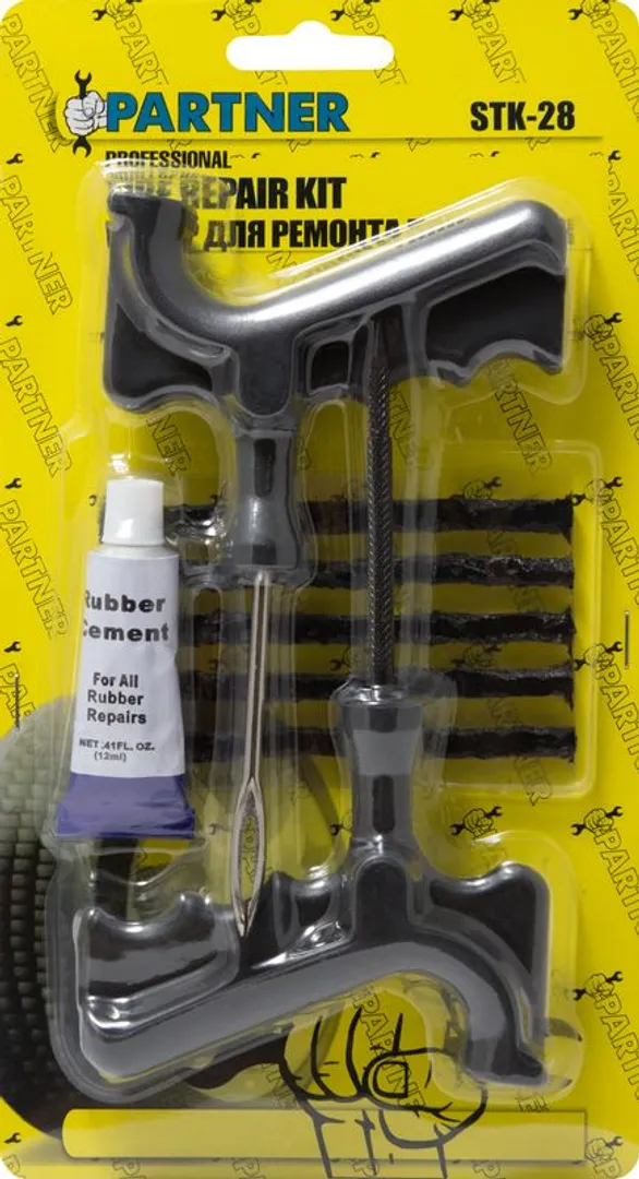 Набор инструментов для ремонта шин 8 пр., шило, протяжка-''мелкая спираль'', шнуры-5 шт, клей, Partner PA-STK-28