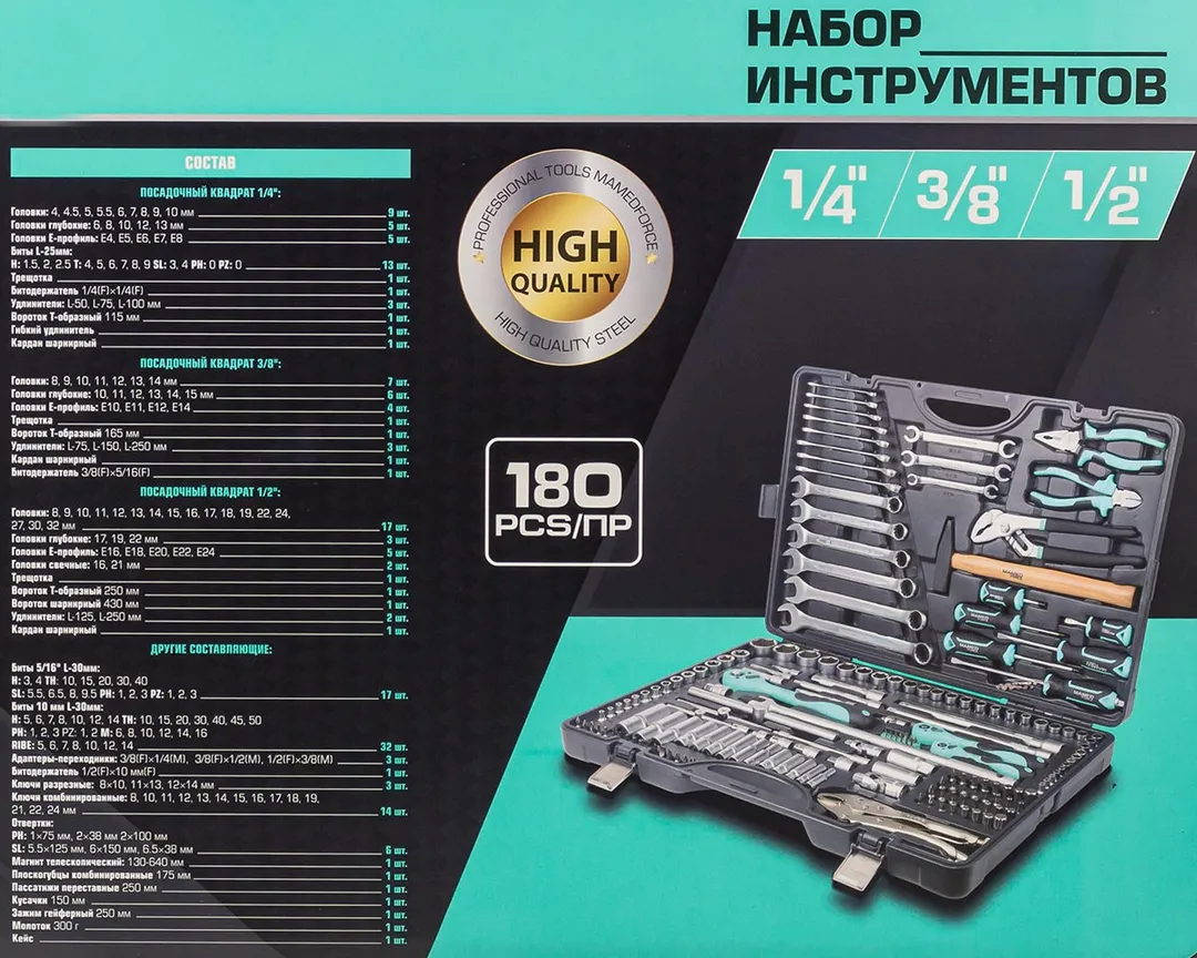 Набор инструментов 180 пр. 1/4''&3/8''&1/2'', 6-гр. MAMEDFORCE MF-41802-5