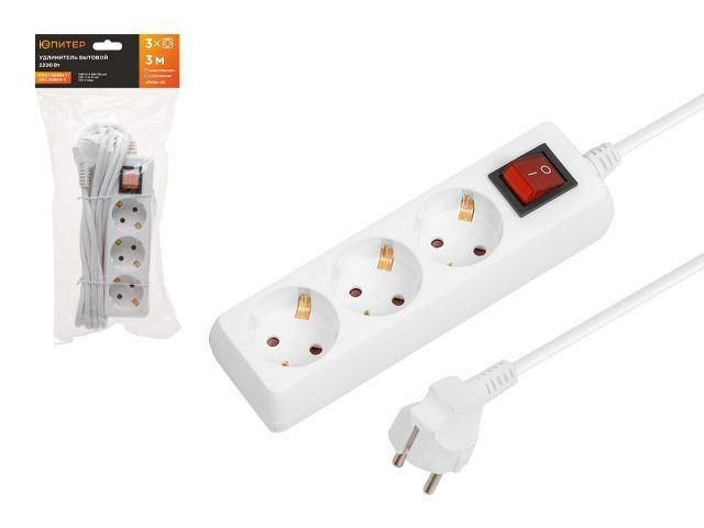 Удлинитель 3 м, 3 роз., 2,2кВт, с/з, выкл, ПВС 3х0,75, Юпитер JP8104-20