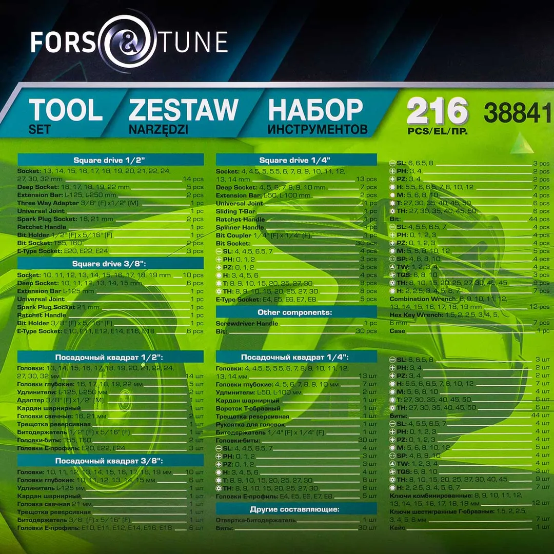 Набор инструментов 1/4''&3/8"&1/2'' 6-гр. 216 пр. FORSandTUNE FORSandTUNE-38841