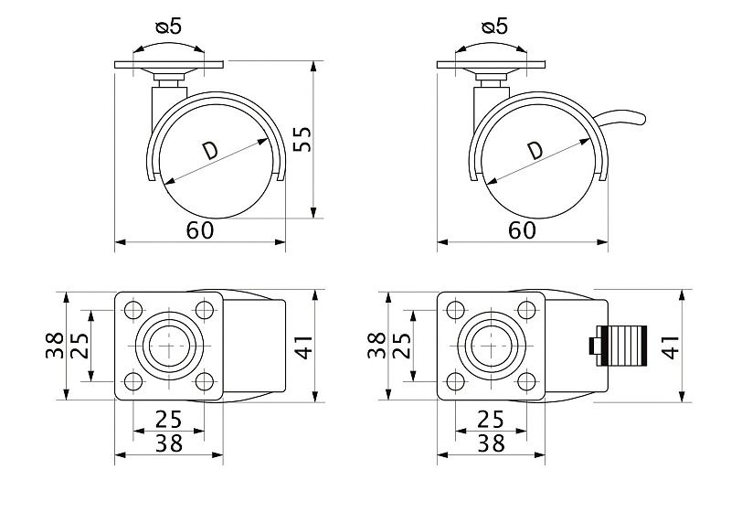 Колесо меб. пласт. d40 с площадкой с торм., серый AKS 114088
