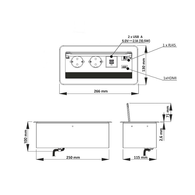 Выдвижной удлинитель Atlas USB, 2 розетки, 2xUSB A, HDMI, LAN, черный, AKS 127319