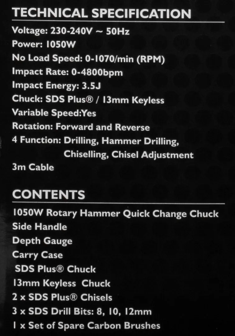 Перфоратор электрический, 1050W, 0-4800об/мин, 3,5J JCB JCB-RH1050-E