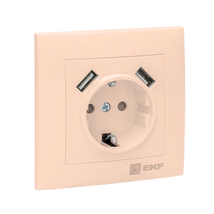 Валенсия розетка 1-местная с/з 16А кремовая с защ, штор, с 2 USB 2,1А EKF PROxima EWR16-028-20-2USB