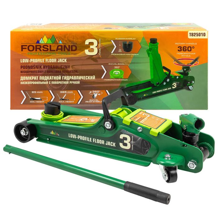 Домкрат подкатной 3 т, 85-385 мм, гидравлический низкопрофильный поворотная ручка 360°, Forsland Forsland-T825010
