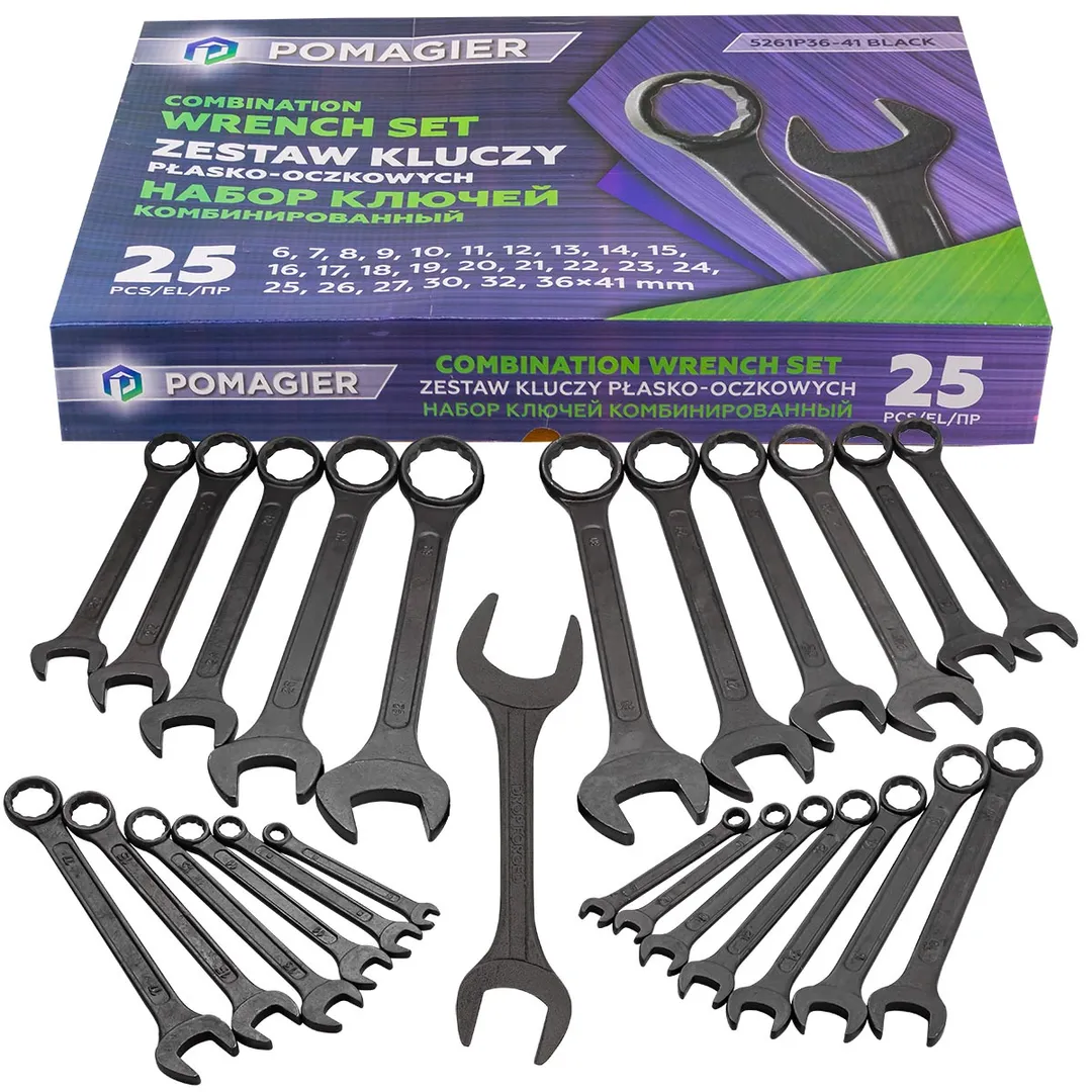 Набор ключей комбинированных 25 пр, 6-27, 30, 32, рожковый ключ 36х41 мм POMAGIER POM-5261P36-41 Black