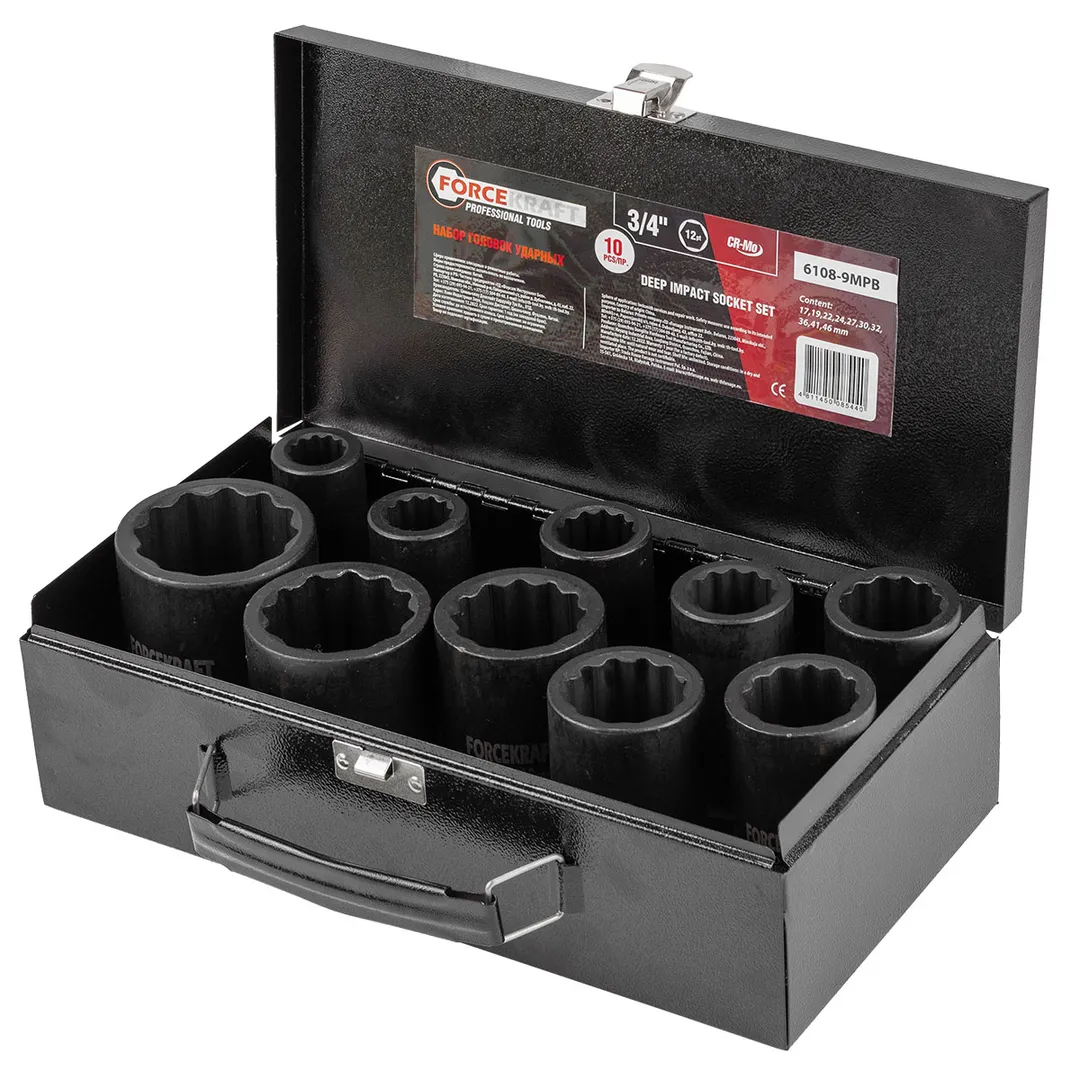 Набор головок ударных глубоких 17-46 мм 3/4'' 12-гр 10 пр ForceKraft FK-6108-9MPB