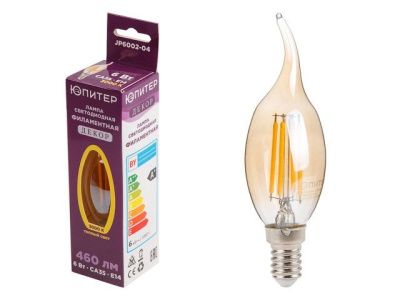 Лампа светодиодная филаментная CA35 СВЕЧА НА ВЕТРУ 6 Вт E14 3000К ДЕКОР, 60 Вт Юпитер JP6002-04