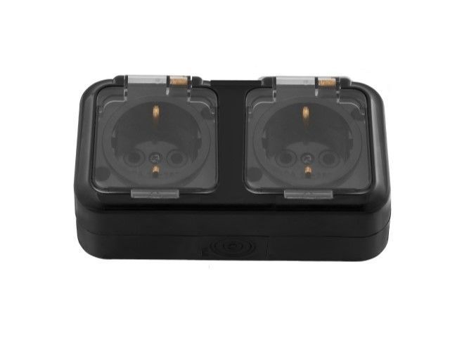 Розетка 2-ая, открытая, с/з, брызг. защ. черная, Пралеска Аква, IP54 Bylectrica РА16-303чер
