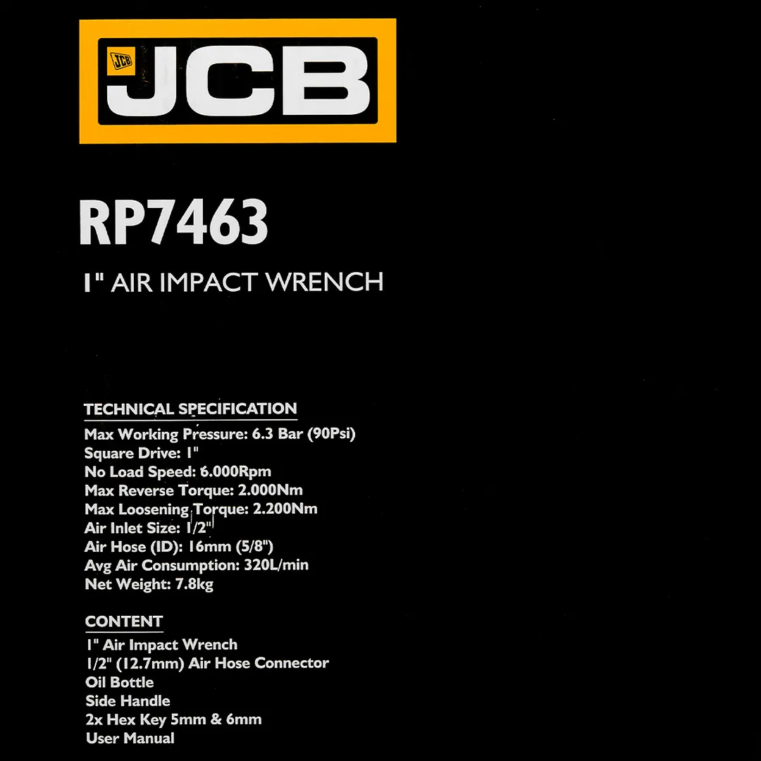 Пневмогайковерт ударный 2000Нм, 1'', с коротким валом, реверсом и регулировкой усилия JCB JCB-RP7463