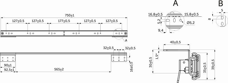 Механизм для раздвижных столов внутренний синхронный со стопором L-750 мм AKS 114297