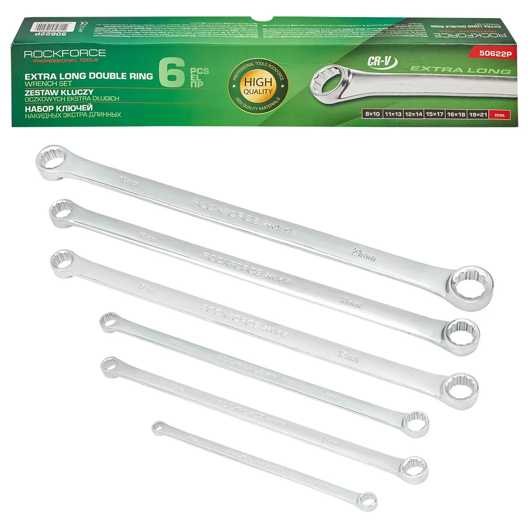 Набор накидных экстра длинны ключей 8x10-19x21 мм 6 пр RockForce RF-50622P