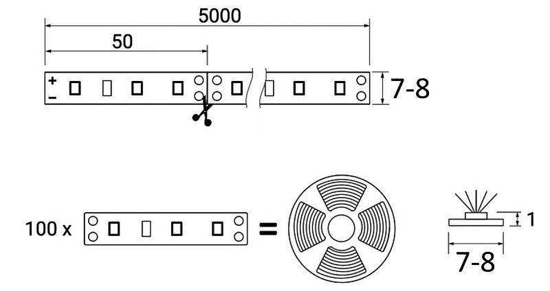 Лента светодиодная 4,8W/m, 12V, 8мм, 2835, 60 д/м, IP20, холодный белый, 6000K, CRI>80, 550 Lm, 5м, AKS 125165
