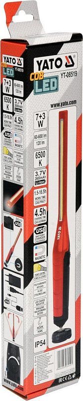 Фонарь светодиодный 7+3W, 60-600lm, 3.7V, 2600mAh, IP54 Yato YT-08519