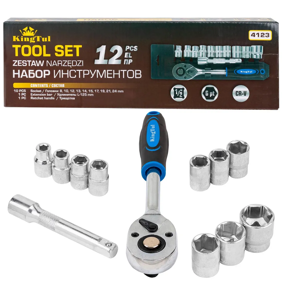 Набор головок с трещоткой и удлинителем 12 пр. 1/2'', 6-гр, 8-24 мм KINGTUL KT-4123