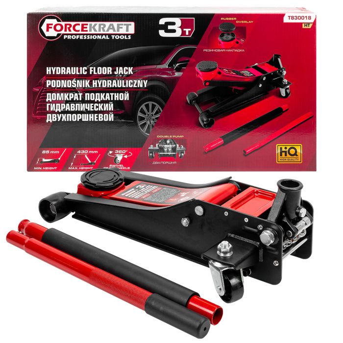 Домкрат подкатной 3 т, 85-430 мм, гидравлический низкопрофильный двухпоршневой с резиновой накладкой ForceKraft FK-T830018 HT