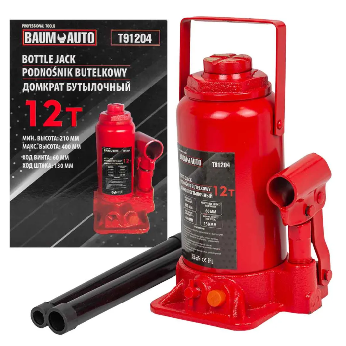 Домкрат бутылочный 12 т с клапаном, 210-400 мм BaumAuto BM-T91204