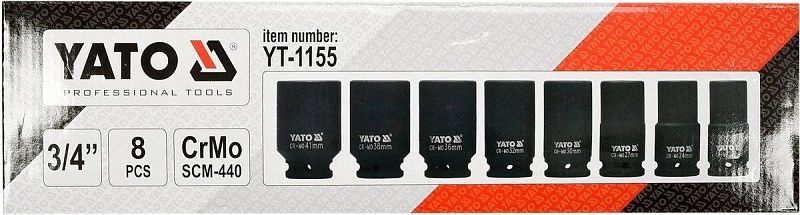 Набор ударных головок 3/4'' 22-41 мм. L90 мм. 8 пр. СrMo Yato YT-1155