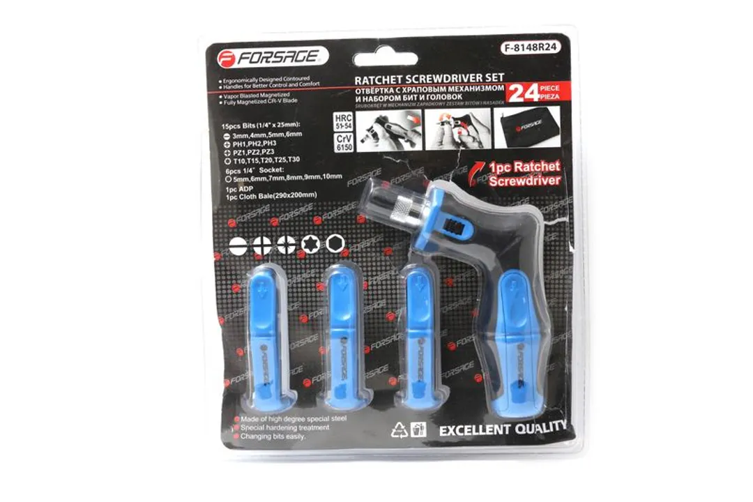 Отвертка угловая реверсивная с набором бит и головок 24 пр. Forsage F-8148R24