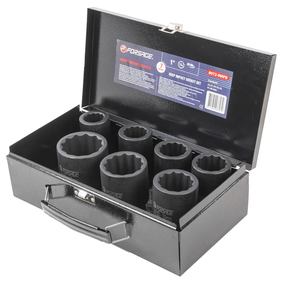 Набор головок ударных глубоких 1" 7 пр., 12-гр., 24-46 мм Forsage F-8072-9MPB