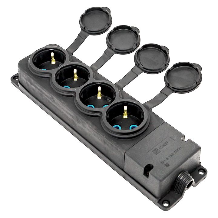 Роз, (колодка) четырехмест, с защит, крышками каучуковая 230В 2P+PE 16A IP44 EKF PRO RPS-020-16-230-44-r