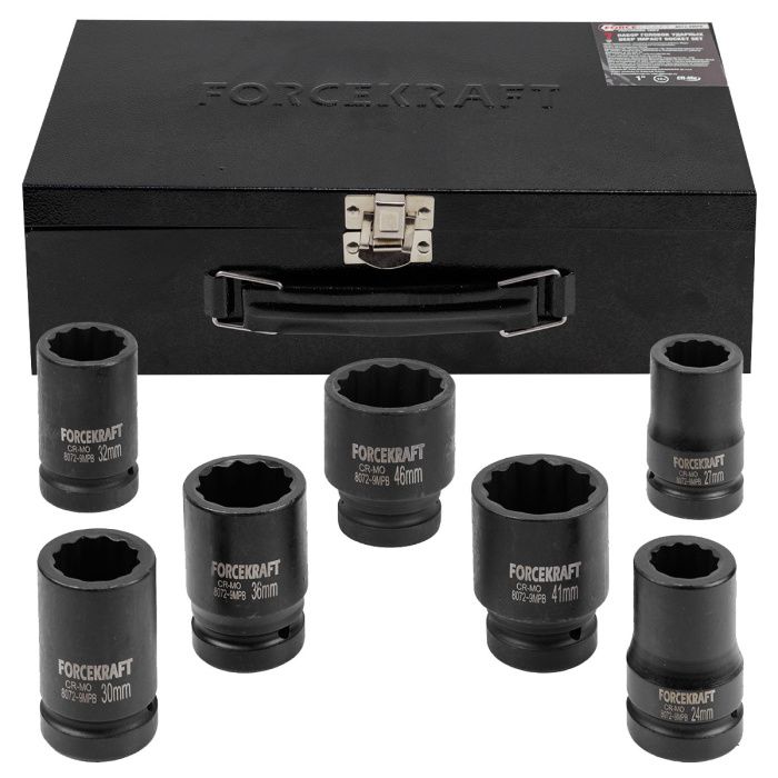 Набор головок ударных глубоких 1'' 7 пр. 12-гр 24-46 мм ForceKraft FK-8072-9MPB