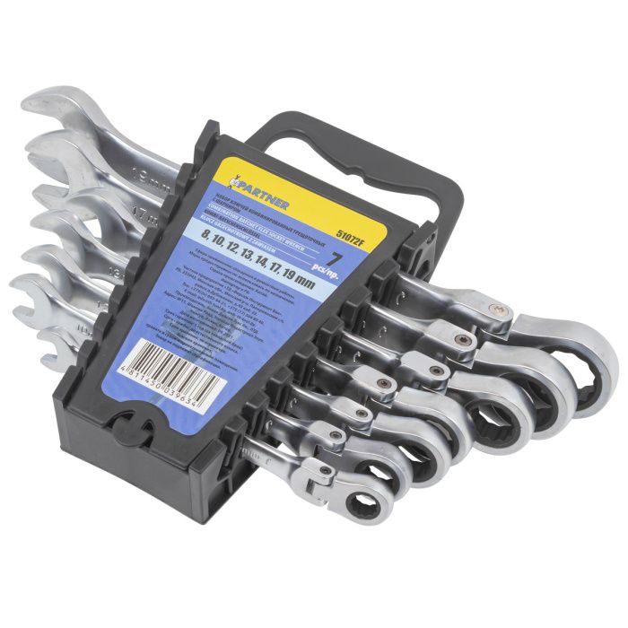 Набор ключей комбинированных трещоточных с шарниром, 8, 10, 12, 13, 14, 17, 19 мм, 7 пр. Partner PA-51072F