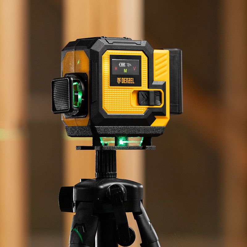 Лазерный уровень мультипризменный DLV-360-3T, 30 м, зеленый луч, Li-Ion 2,4 Aч, штатив Denzel 350805