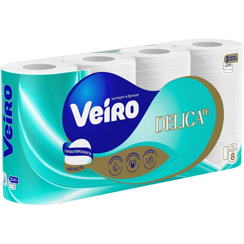 Бумага туалетная Veiro Delicate, 8 рулонов, 3 слоя, белый