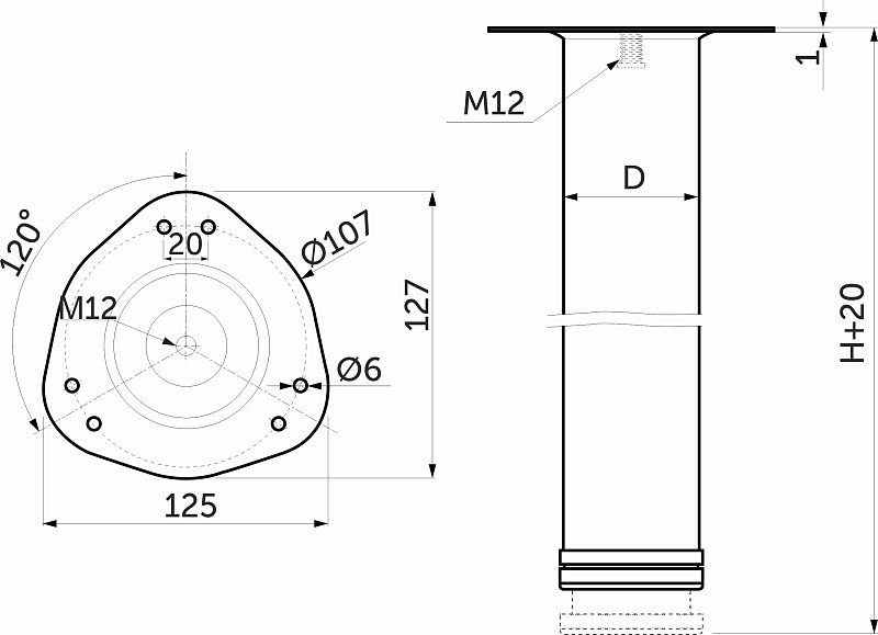 Опора мебельная круглая d60 h1100, сатин, винт М10, AKS 121890