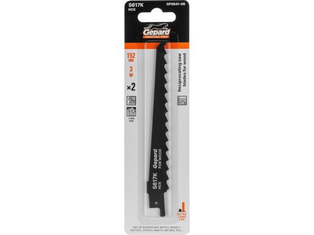 Пилка сабельная по дереву S617K, 2 шт., 152 мм, полотно для сабельной пилы, пропил криволинейный, грубый, быстрый рез GEPARD GP0641-06