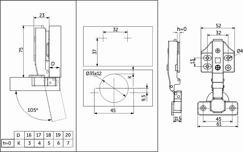 Петля накладная без пружины 45мм h0 clip-on 3D, саморезы, заглушки, упак 2 шт., PRIME by AKS 112706