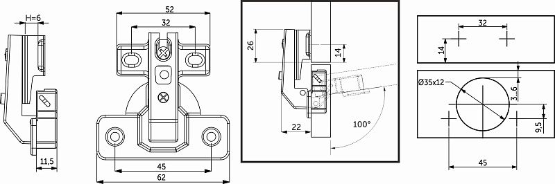 Петля под фальшпанель 90° с пружиной 45мм h6 slide-on короткое плечо AKS 11260