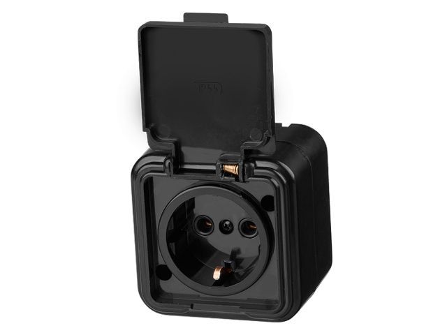 Розетка 1-ая, открытая, с/з, брызг. защ., черная, Стандарт, RA 16-211-Ч, Юпитер JP7412-08
