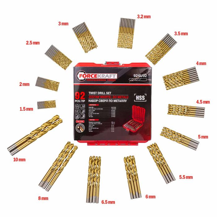 Набор сверел по металлу HSS, 92 пр. 1.5-10 мм ForceKraft FK-924U92