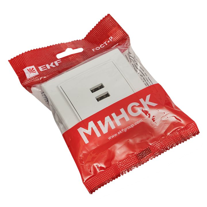 Минск Розетка USB 2-местная СП 2,1А белая EKF ERR-2USB-100