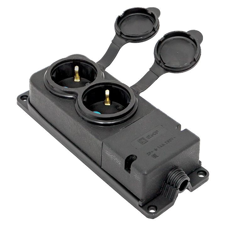 Роз, (колодка) двухмест, с защит, крышками каучуковая 230В 2P+PE 16A IP44 EKF PRO RPS-018-16-230-44-r