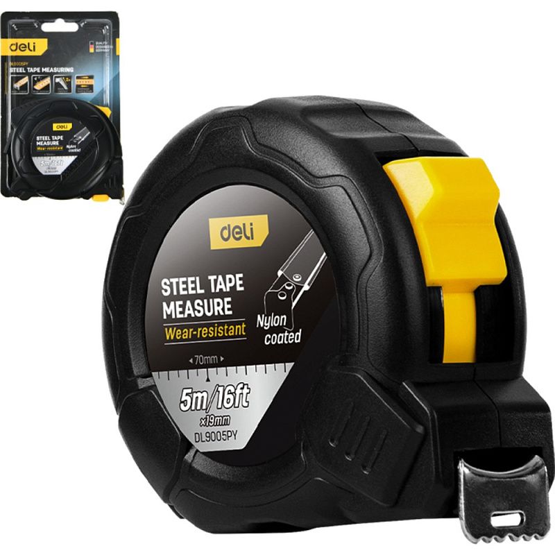 Рулетка Deli YS EDL9005PY, 5 м х 19 мм, нейлоновое покрытие, черный