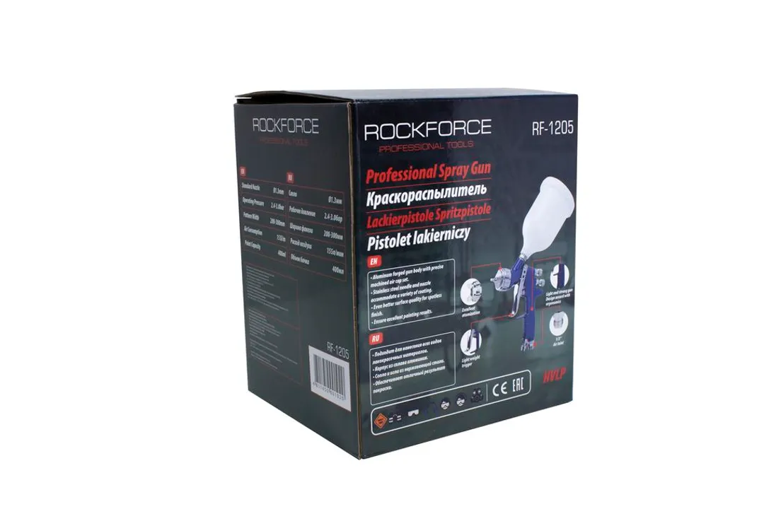 Краскораспылитель с верхним пластиковым бачком, 400 мл, 1.3 мм, 2.4-3.0Bar, 155 л/мин RockForce RF-1205