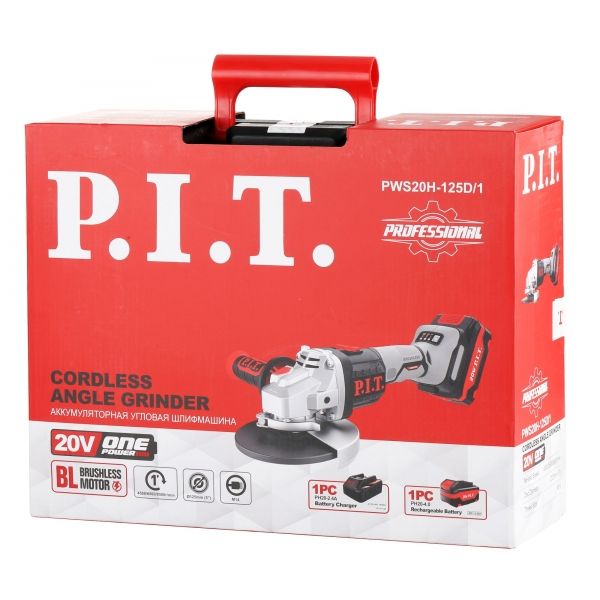 Шлифмашина угловая аккум. бесщёточная, 20 В, 125 мм, 3 ск, 1 акб 4,0 Ач, ЗУ, кейс PIT PWS20H-125D/1
